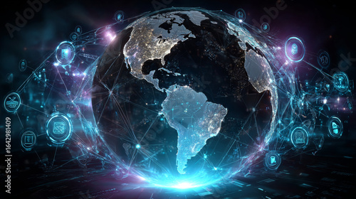 Hands holding globe with network connecting data of insurance policies and global coverage, customer claims, risk management, premium calculations, fraud detection, and underwriting processes.