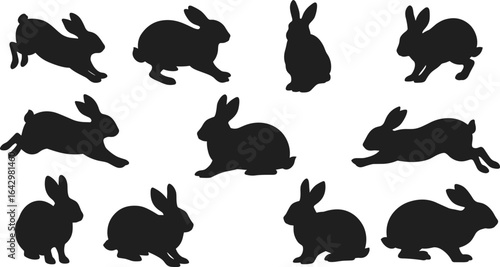 Rabbit and hare silhouette set in various poses, black animal vector clipart for decoration, Easter design, wildlife and pet illustration