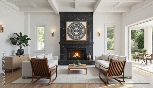 Cozy Modern Living Room with Curved Sofa, Blank Vertical Frame, Textured Brick Wall, and Minimalist Floor Lamp