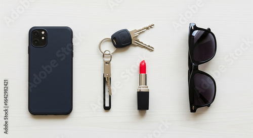 Flat lay of a dark smartphone car keys red lipstick and sunglasses