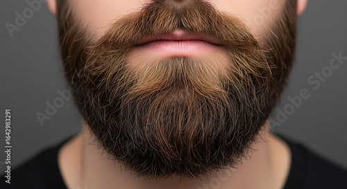 Close up of a man s full brown beard and mustache