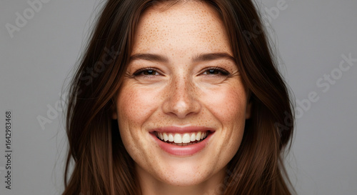 Close up portrait of a smiling woman with natural makeup and long brown hair