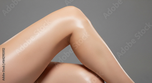 Close-up of a woman's smooth, moisturized legs with a healthy, radiant glow against a neutral background.