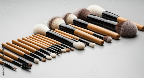 Collection of makeup brushes on a light gray surface