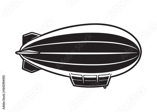 Black and white illustration of a vintage airship, zeppelin, dirigible; top view, graphic design element.