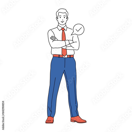Confident Affirmation: An illustration of a professional stands tall, arms crossed, with a thought bubble signaling a positive affirmation or endorsement.