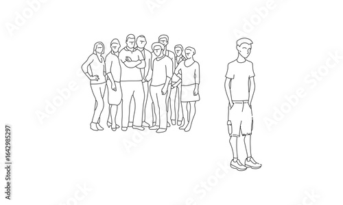 Group Dynamics and Social Isolation – Hand-Drawn Line Art Illustration of Human Interaction