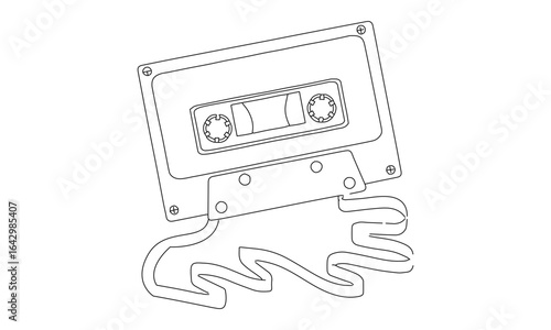Retro Cassette Tape Line Art with Unraveled Magnetic Tape – Vintage Music Illustration