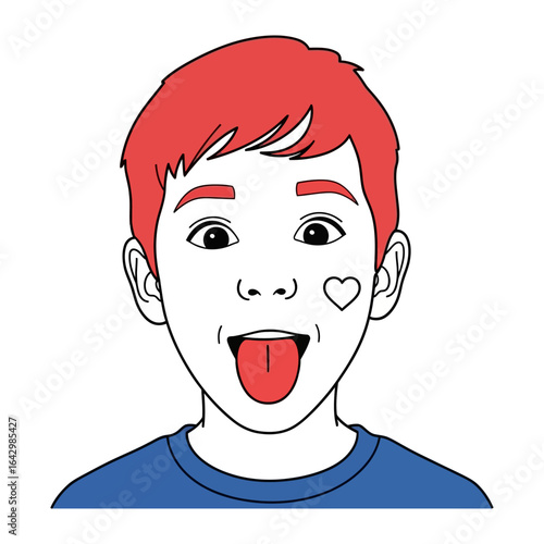 Playful Youth: a lively illustration of a young person with a bold, red hairstyle and a playful expression, sticking out their tongue with a heart drawn on their cheek