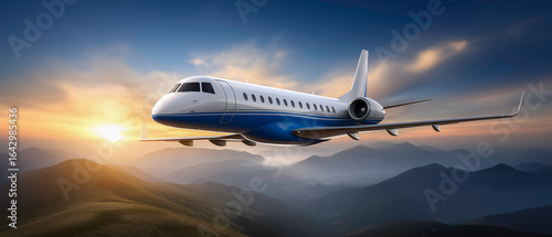 Wallpaper Mural Airborne Journey: A sleek private jet soars through the open sky at sunset over a breathtaking panorama of mountain peaks, evoking a sense of travel, adventure, and aspiration. Torontodigital.ca