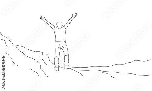 Minimalist Line Art of a Person Celebrating on a Mountain Top – Symbol of Achievement and Victory