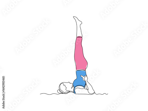 Abstract woman does exercises, fitness,aerobics,yoga, stands on her shoulders in the birch pose, Sarvangasana, continuous single one line art hand drawing sketch logo
