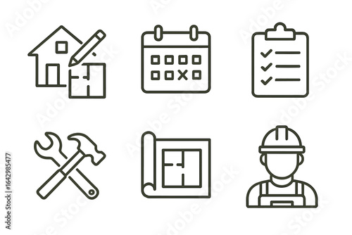 Home renovation icons: tools, calendar, checklist, blueprint, constructor