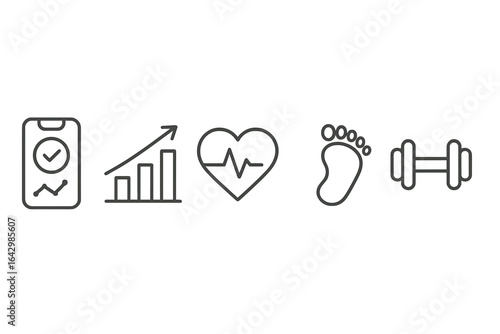Vector icons for fitness and health: checklist, graph, heartbeat, footprint, dumbbell