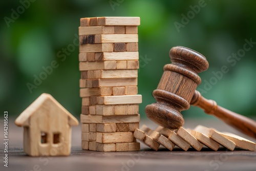 Wooden blocks tower, miniature house, gavel