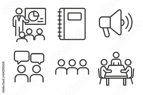 Business meeting and communication icons: presentation, notebook, megaphone, discussion, teamwork