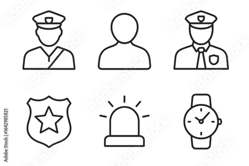 Police and security icons including officer, badge, siren, and watch