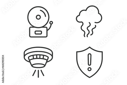 Fire safety symbols: alarm, smoke, detector, shield warning icon set