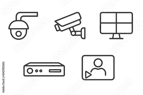 Surveillance technology icons: cameras, monitors, dvr, and video playback symbols