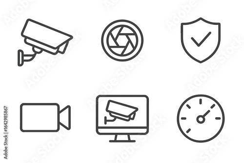 Surveillance icons: camera, lens, shield, monitor, stopwatch