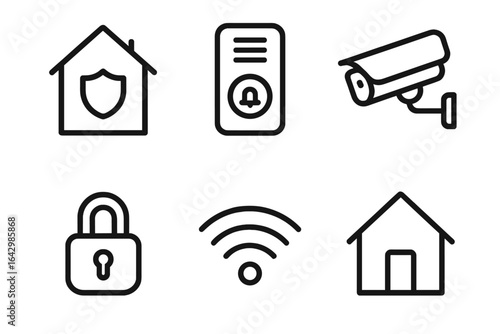 Home security icons: shield, camera, lock, wifi, house line art symbols