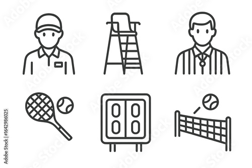 Outline illustrations of tennis umpire, tennis player, and equipment