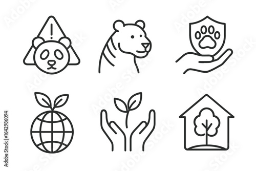 Animal conservation icons: panda, tiger, paw shield, eco-friendly, growth, tree