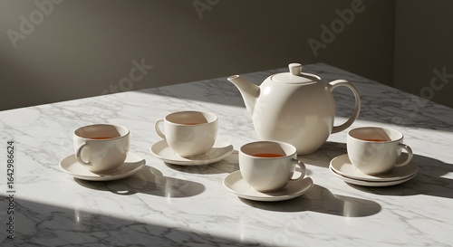 Serene Morning Sunlight Illuminates a Delicate Tea Set on a Marble Tabletop Creating a Peaceful and Elegant Atmosphere for a Relaxing Beverage Experience	