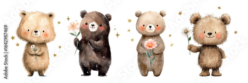 Set of cute watercolor bears holding a flower in their paws. Brown bear cubs with pink cheeks holding a daisy in their hands. Cute and kind forest animal characters. Children's characters.