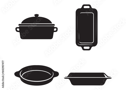 Simple Black Silhouettes of Cooking Pots and Pans:  Kitchenware Icons for Menu Design, Recipe Books, or Culinary Websites.