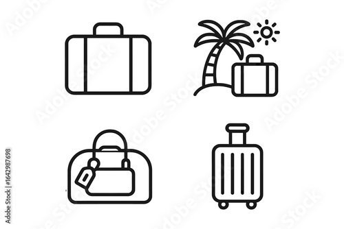 Simple travel icons: suitcase, palm tree, luggage, duffel bag, wheeled bag