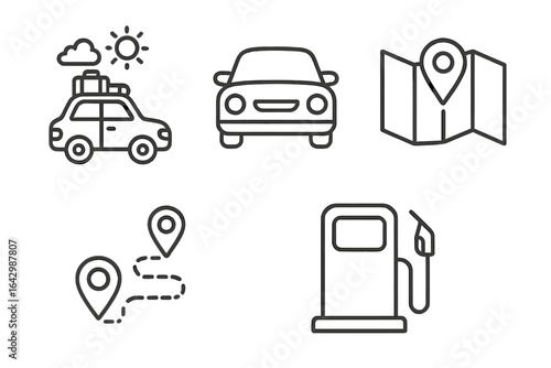 Road trip essentials icons: car, fuel, map, route, navigation symbols