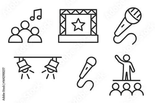 Concert icons set with microphone, stage, and performers in line art style