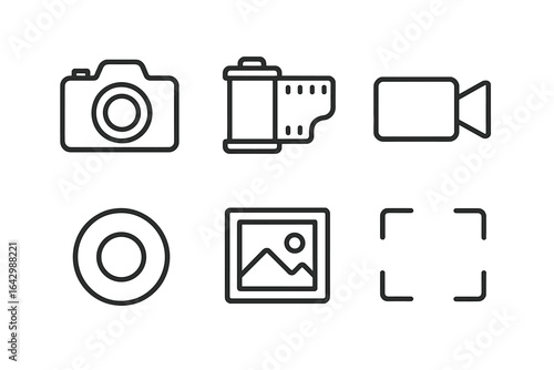 Camera equipment icons: camera, film roll, video camera, lens, photo, viewfinder