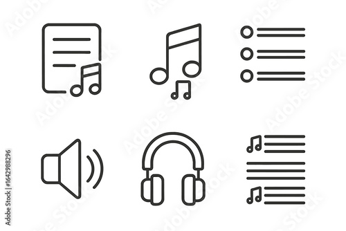 Music icons: notes, list, sound, headphones in black and white style