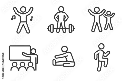 Icon set depicting fitness, education, and dance activities