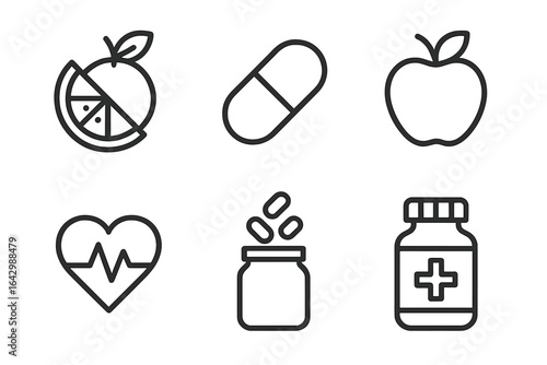 Health icons: fruit, capsule, apple, heartbeat, pills, medicine bottle