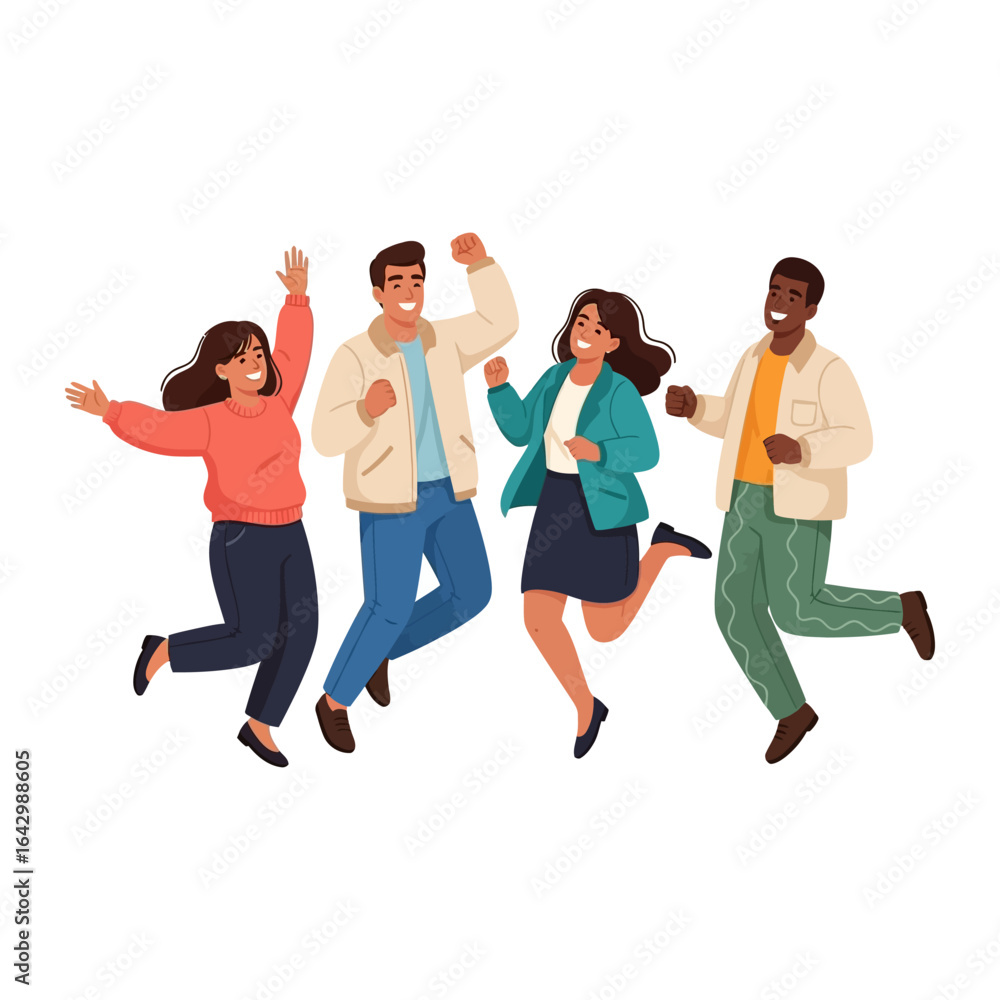 Obraz premium Cheerful Jump of Friends: A vibrant illustration captures a group of friends leaping with unrestrained joy, showcasing the essence of youthful exuberance and the bliss of camaraderie.