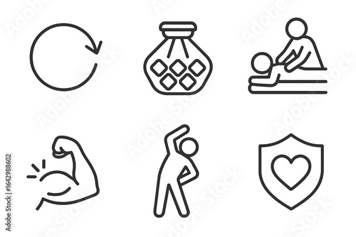 Wellness icons: refresh, cleanse, massage, strength, exercise, heart health