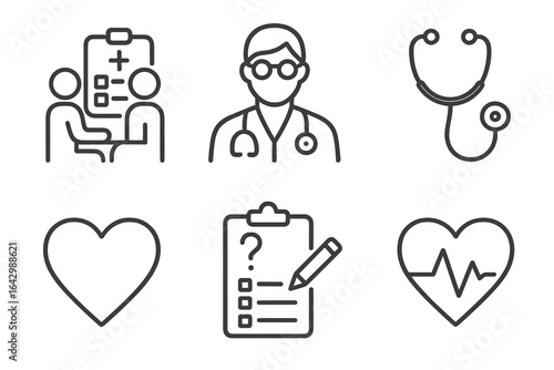 Medical icons set: doctor, consultation, stethoscope, heart, checklist, ecg