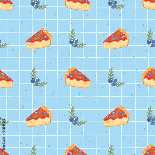 Seamless vector pattern featuring cheesecake slices and fresh berries on a light background. Bright and delicious design, perfect for dessert packaging, kitchen textiles, and cafe decor