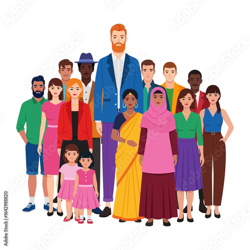 Diverse Community Portrait: A vibrant assembly of people from different backgrounds, cultures, and generations come together in a colorful display of unity, representing a microcosm of the world.