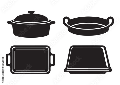 Simple Black Silhouettes: Pot, Pan, Baking Sheet, and Tray Icons.