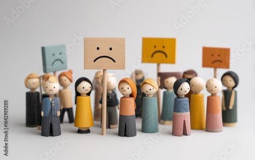 Crowd of small wooden figures, holding signs with sad faces