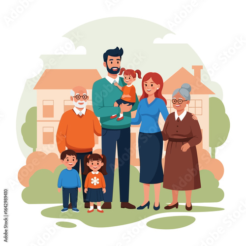 Family Portrait: A heartwarming illustration captures a multi-generational family, their faces radiating warmth and joy. A picture perfect portrait of Family life.
