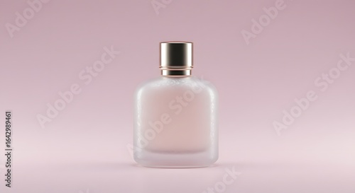 Elegant frosted glass perfume bottle with golden cap on soft pink background showcasing luxurious cosmetic product for beauty and fragrance advertising	