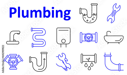 Plumbing set icon. Outline icons depicting faucet, wrench, valve, bathtub, leaking pipe, heater, joint, elbow pipe, connector, and plumbing fixtures related to water systems.