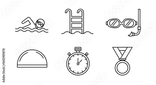 Minimalist swimming icons set featuring pool, goggles, stopwatch, and medal