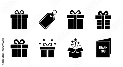 Gift icon set featuring presents, tags, and thank you card in silhouette style