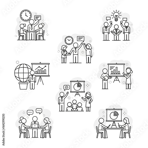 Business Presentations: A captivating collection of monochrome business presentations, each illustration depicts a variety of work scenarios to demonstrate communication, and strategies